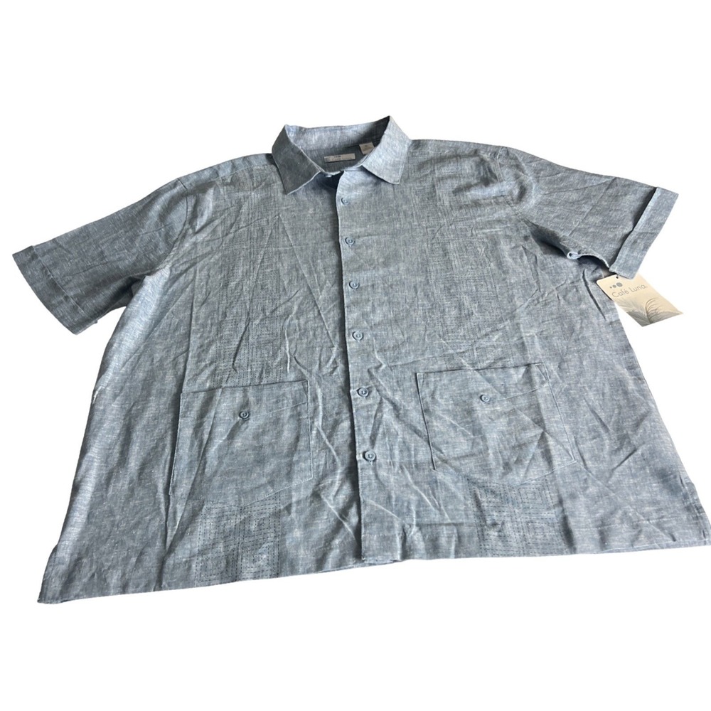 Cafe Luna Men's Shirt Size XL Linen Blend Button Front Hawaiian Pockets Blue PA3